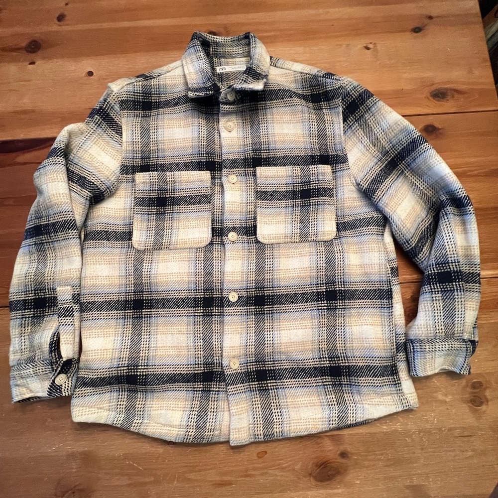 Men's Zara Heavyweight Plaid Button-Up Shirt in Navy, Cream, Light Blue Large